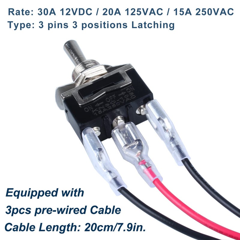 DMWD 2pcs Heavy Duty Rocker Toggle Switch 30A 12VDC 20A 120VAC SPDT 3 Pins 3 Positions ON-Off-ON Latching with Waterproof Boot Cap with pre-Wired Cables for Auto Car Truck Boat Marine - Image 3